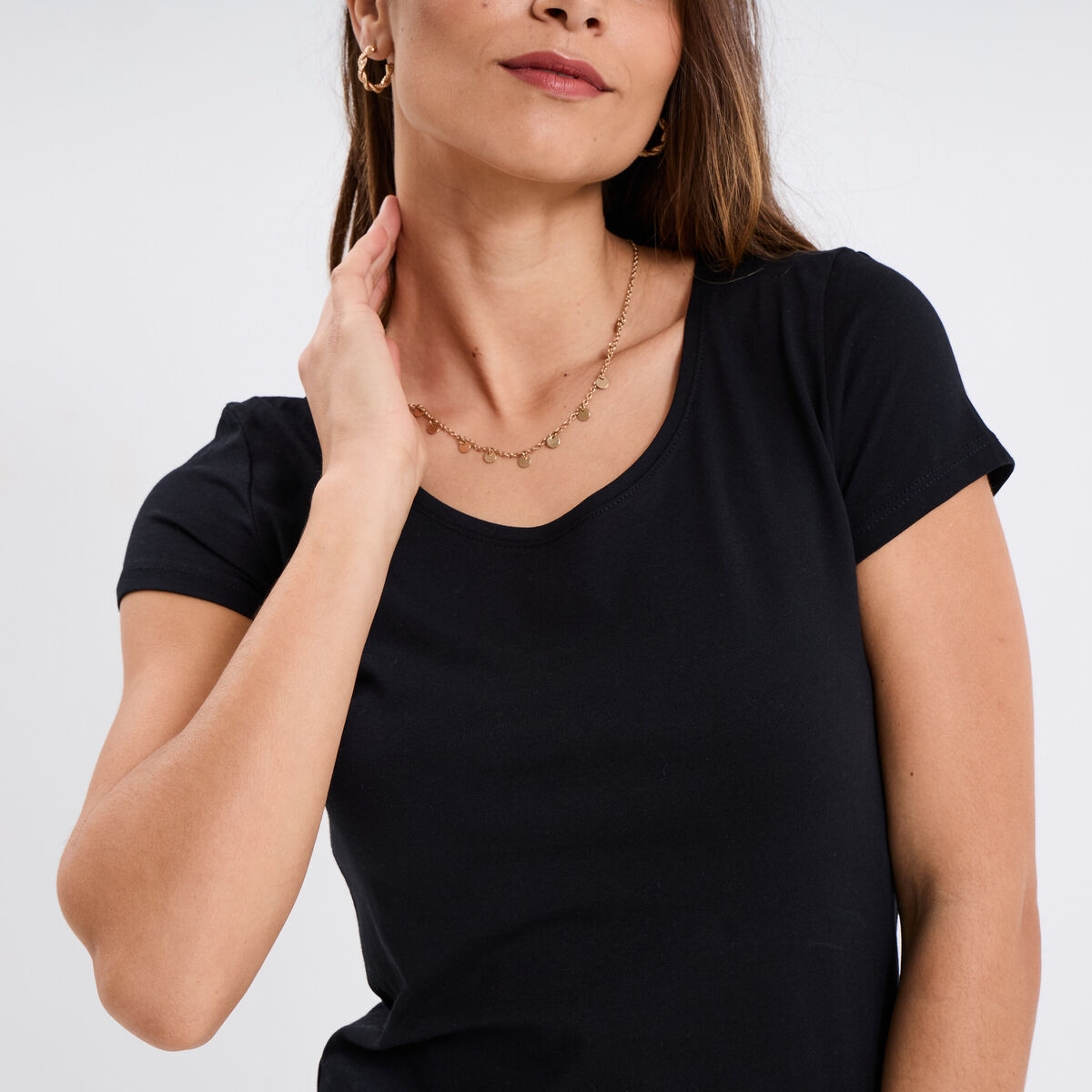 T-shirt coton col rond manches courtes noir femme