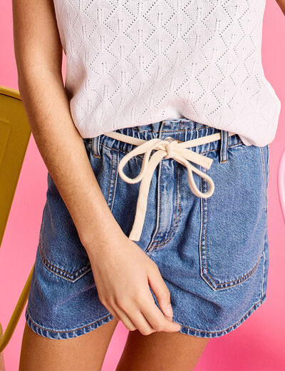 Short mom en jean ceinture cordon denim stone femme