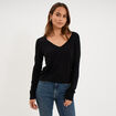 Pull col en V manches longues noir femme