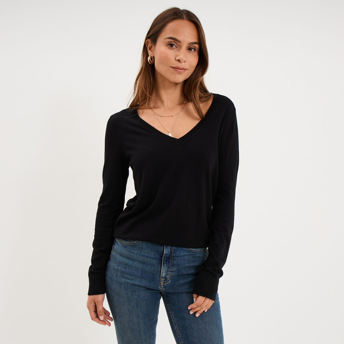 Pull col en V manches longues noir femme