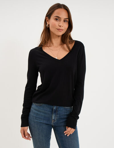 Pull col en V manches longues noir femme