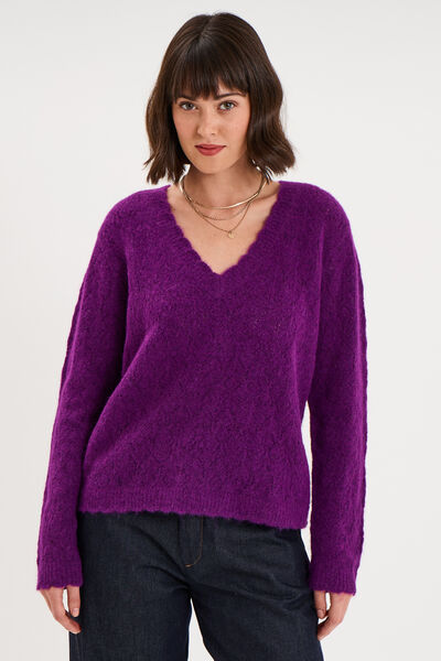 Pull col V ajour&eacute; manches longues violet fonc&eacute; femme