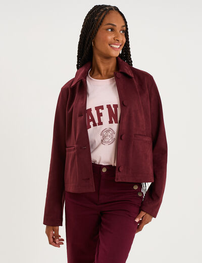 Veste paletot en su&eacute;dine boutonn&eacute;e violet fonc&eacute; femme