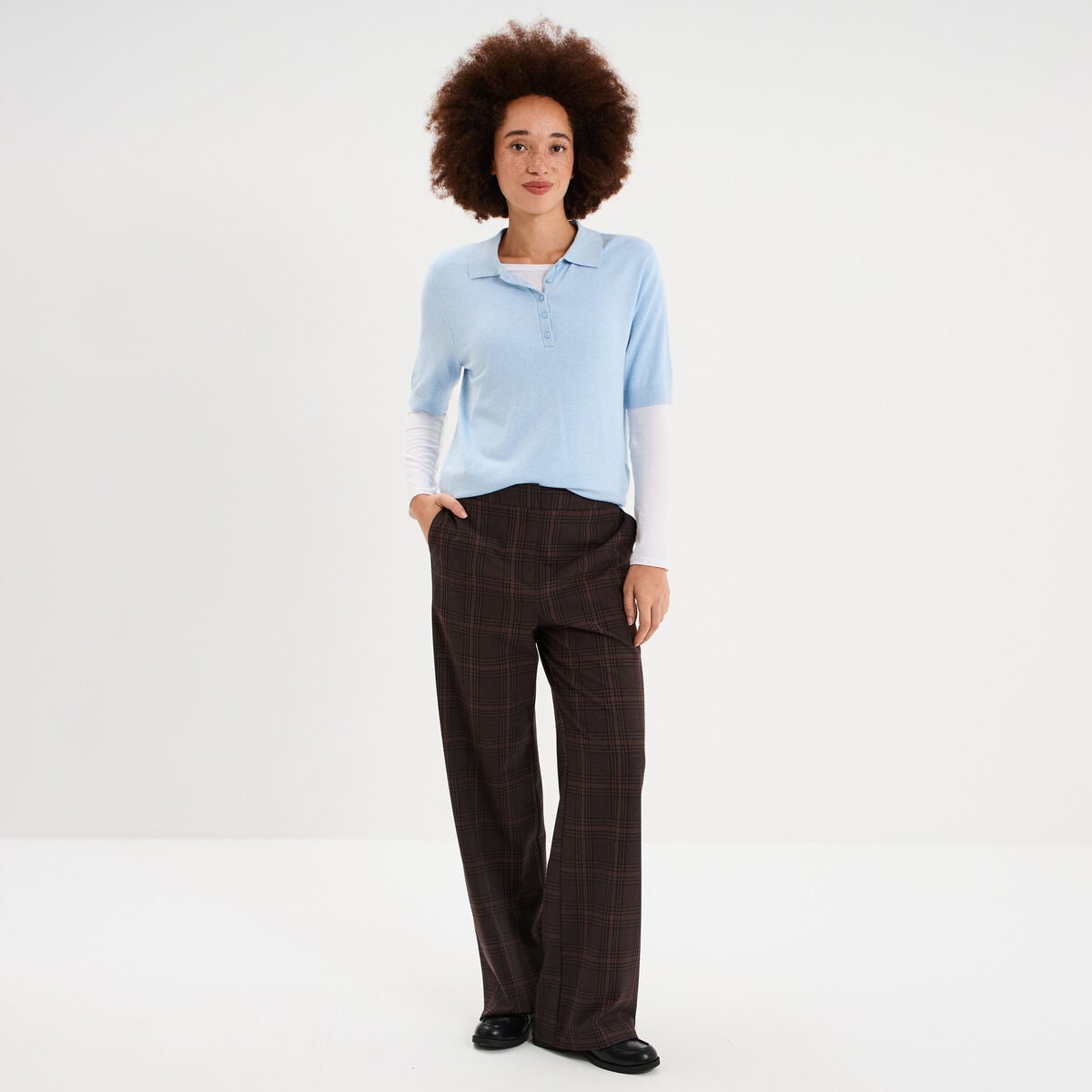 Pull col polo manches courtes bleu femme