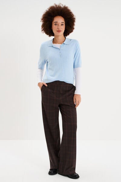 Pull col polo manches courtes bleu femme