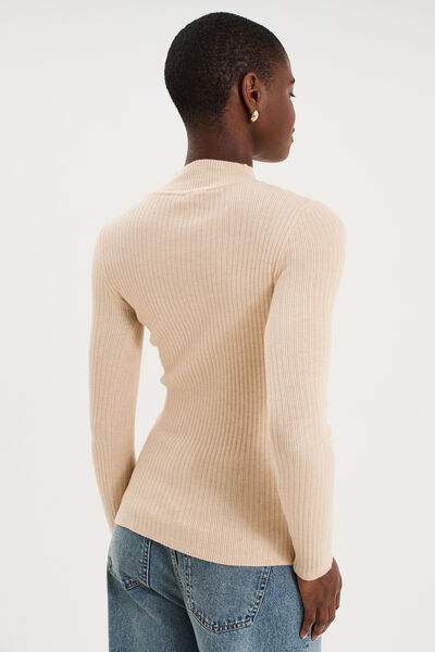 Pull ajust&eacute; c&ocirc;tel&eacute; col montant beige femme