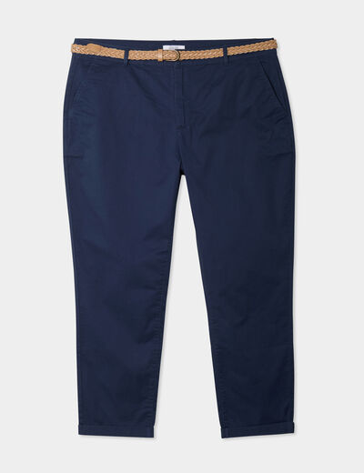 Pantalon chino cigarette ceinturé coton bleu marine femme grande taille