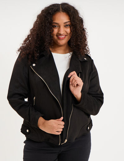 Blouson zipp&eacute; effet su&eacute;dine style biker noir femme grande taille