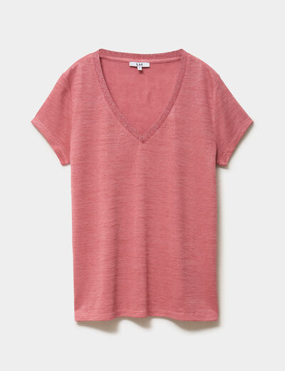 T-shirt col en V manches courtes terracotta femme