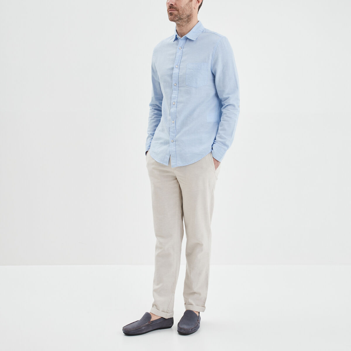 Chemise manches longues lin m&eacute;lang&eacute; bleu ciel homme