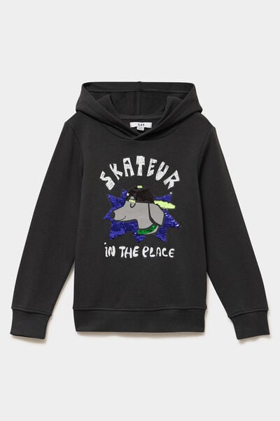Sweat hoodie capuche sequins r&eacute;versibles gris fonc&eacute; gar&ccedil;on