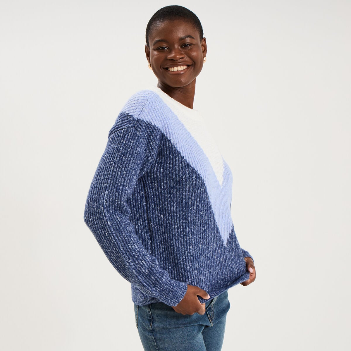 Pull manches longues col rond bleu femme