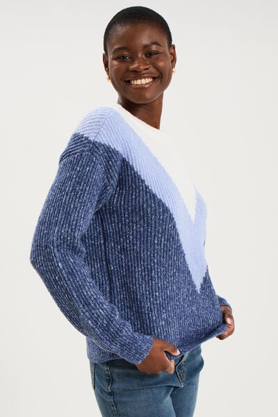 Pull manches longues col rond bleu femme