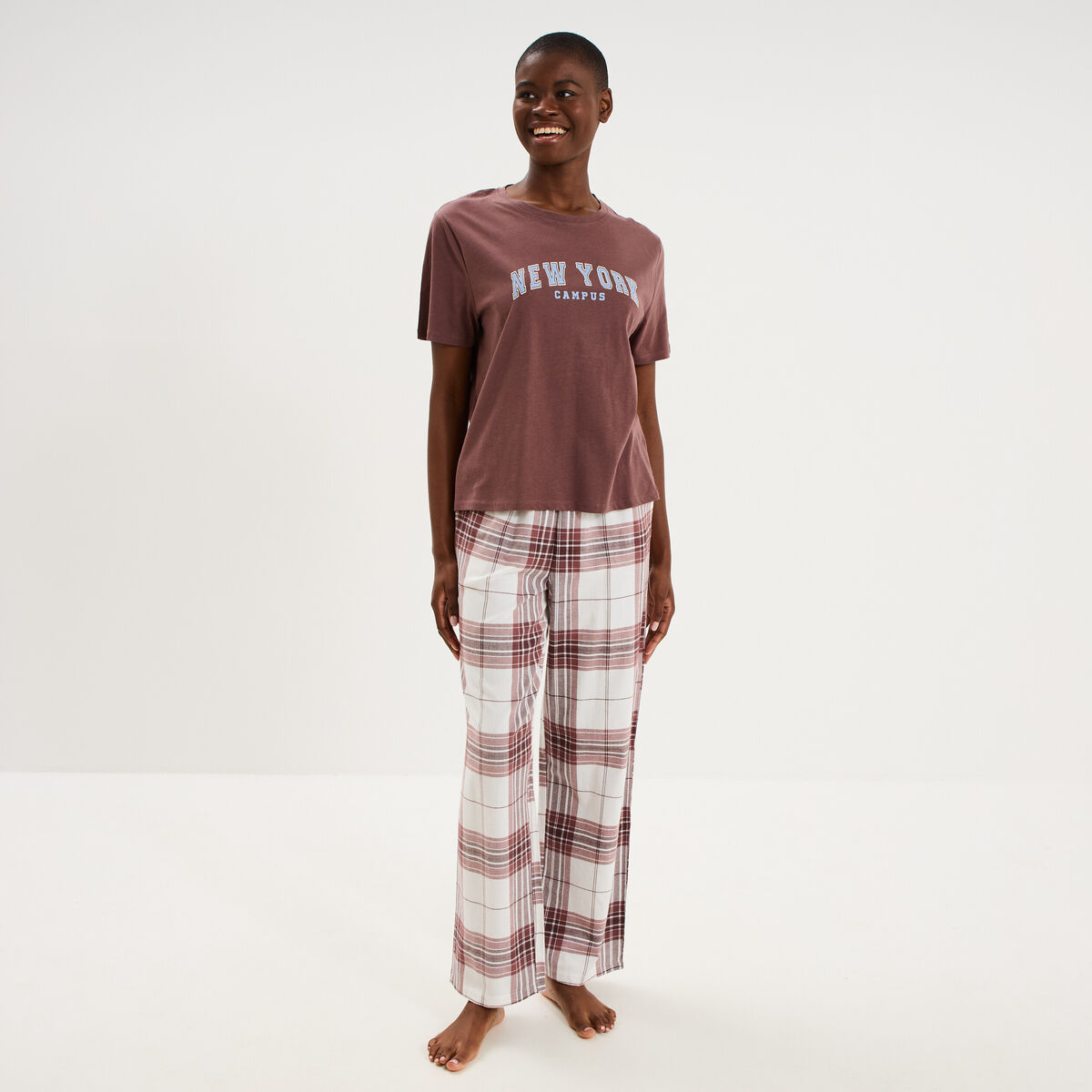 Ensemble pyjama pantalon t-shirt coton beige femme