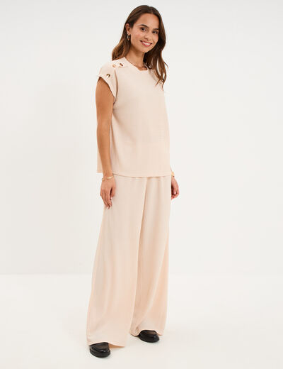T-shirt gaufr&eacute; col rond avec boutons beige femme