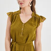 Robe col V plumetis droite ceinturée vert olive femme