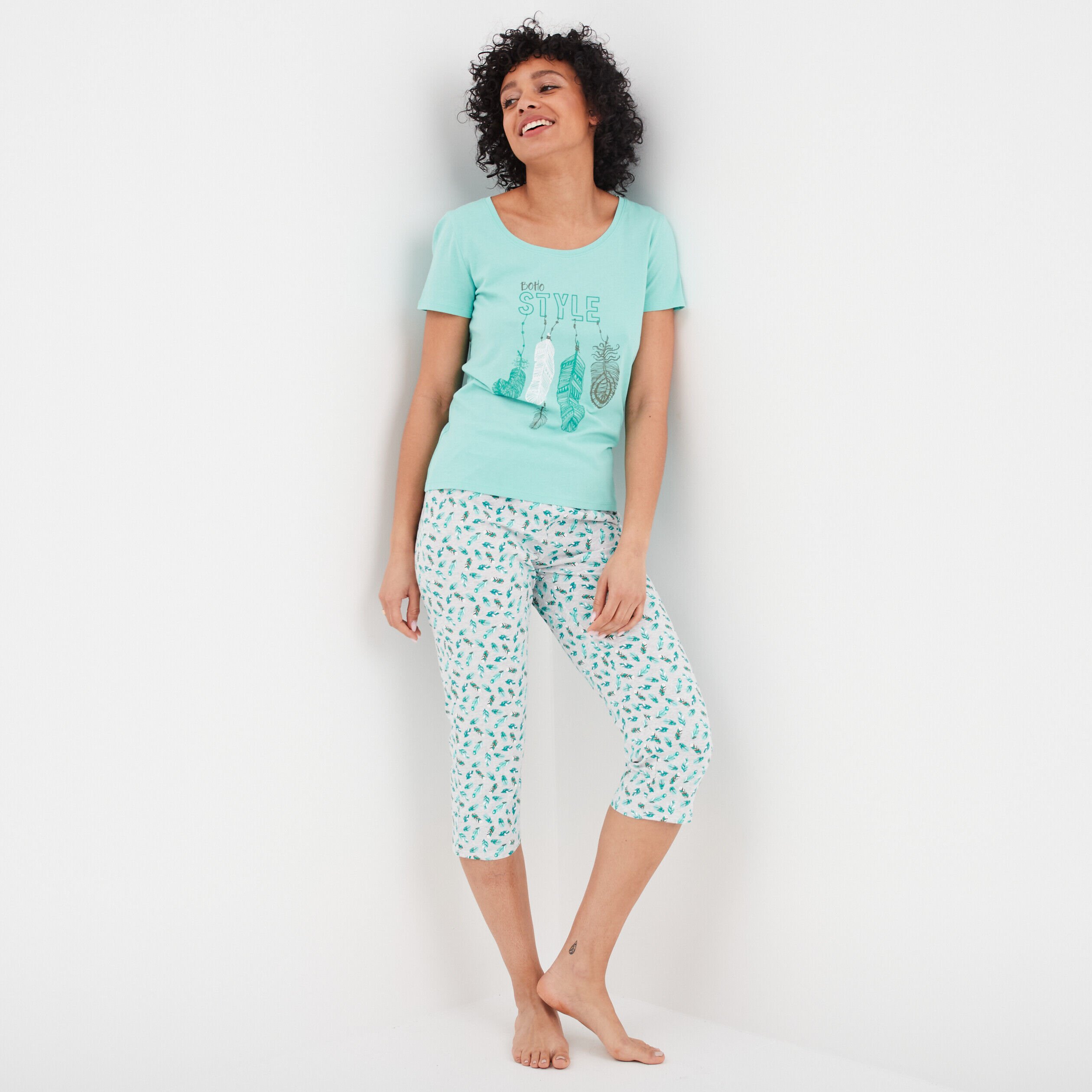 Ensemble pyjama corsaire 2 pièces coton bleu turquoise femme LH