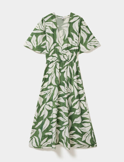 Robe longue col V taille &eacute;lastiqu&eacute;e vert kaki femme