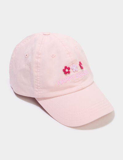 Casquette brod&eacute;e en coton rose fille