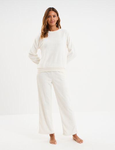 Pantalon effet polaire d&eacute;tails torsades blanc femme