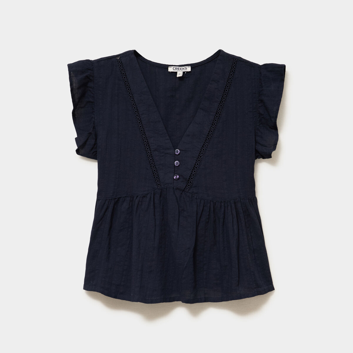 Blouse manches volants col en V coton bleu fonc&eacute; femme