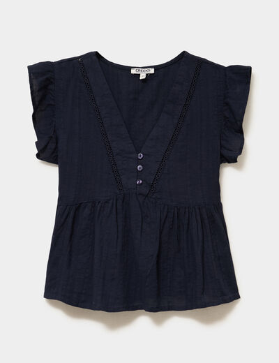 Blouse manches volants col en V coton bleu fonc&eacute; femme