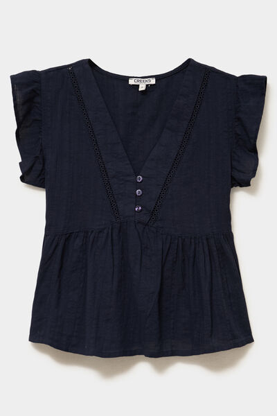 Blouse manches volants col en V coton bleu fonc&eacute; femme