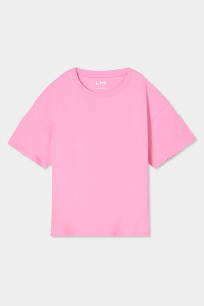 T-shirt col rond manches courtes coton rose fille
