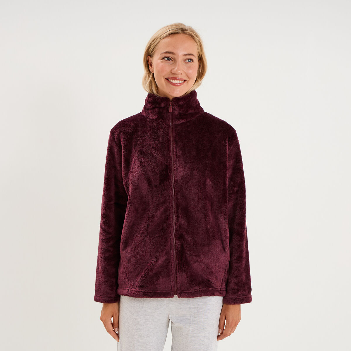 Veste de pyjama col montant polaire prune femme