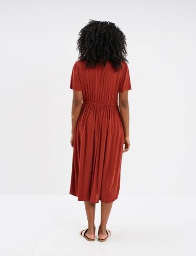 Robe midi fluide manches courtes marron cognac femme