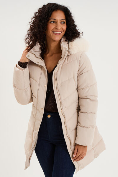 Doudoune mi-longue ceintur&eacute;e &agrave; capuche beige femme