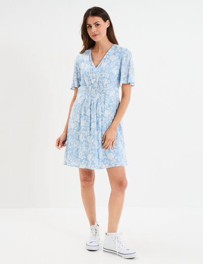 Robe courte col en V taille smock&eacute;e bleu ciel femme