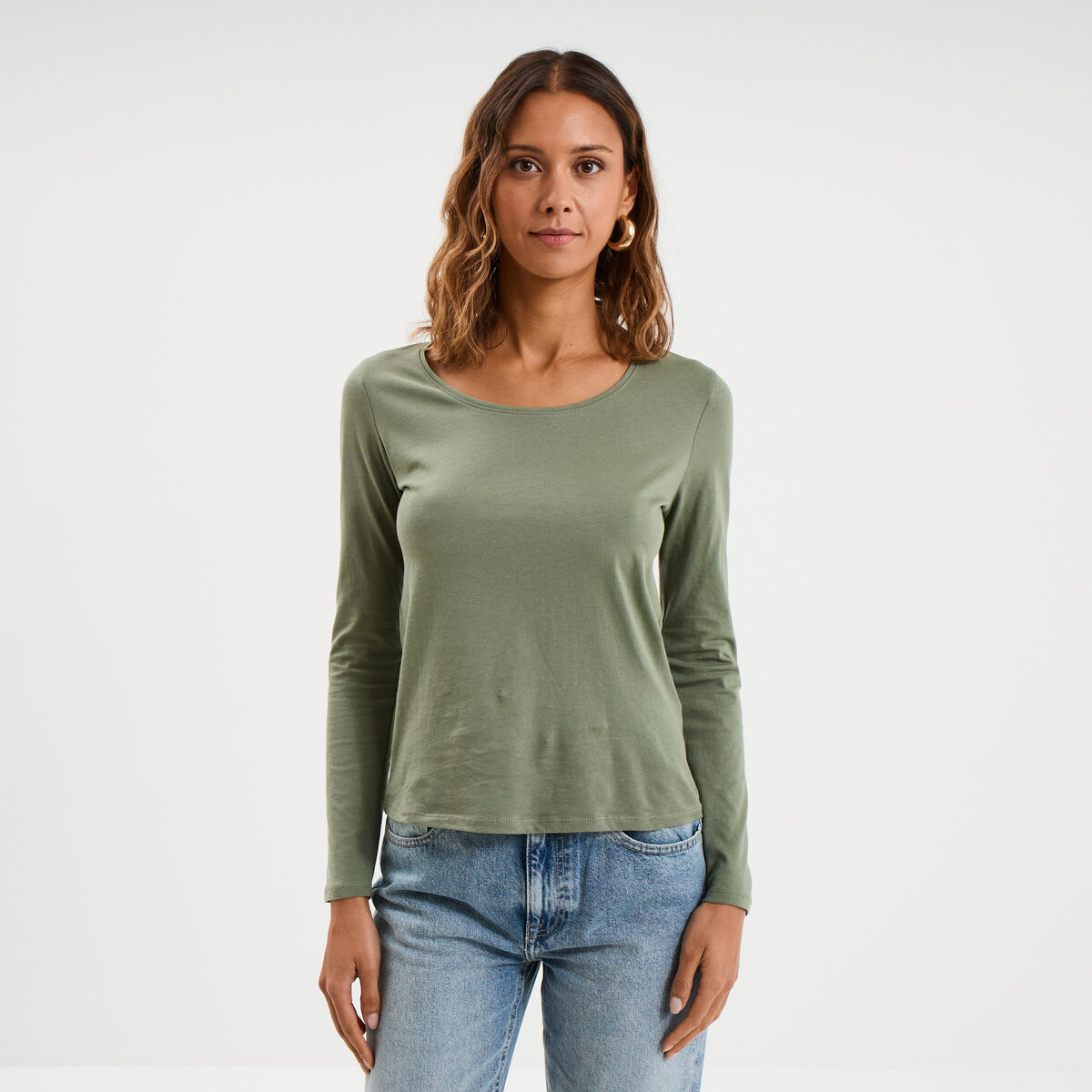 T-shirt coton col rond manches longues vert kaki femme