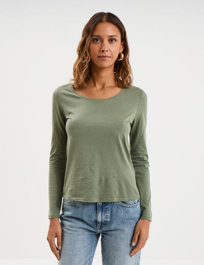 T-shirt coton col rond manches longues vert kaki femme