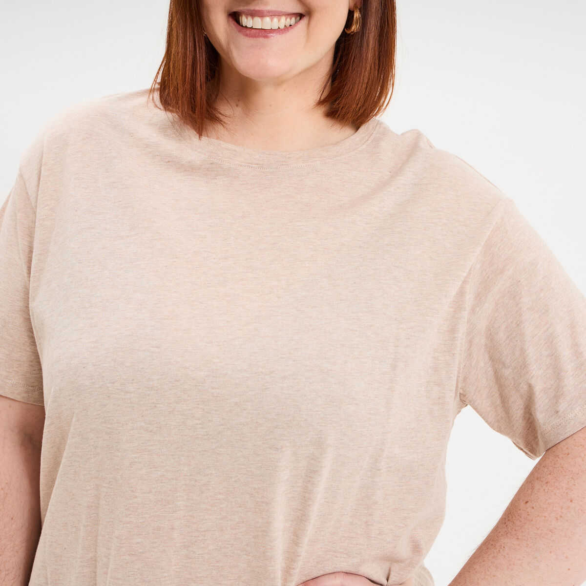T-shirt col rond manches courtes coton beige femme grande taille