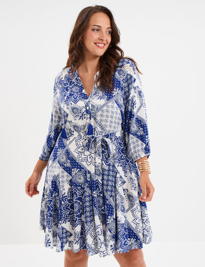 Robe fluide évasée col tunisien bleu femme grande taille