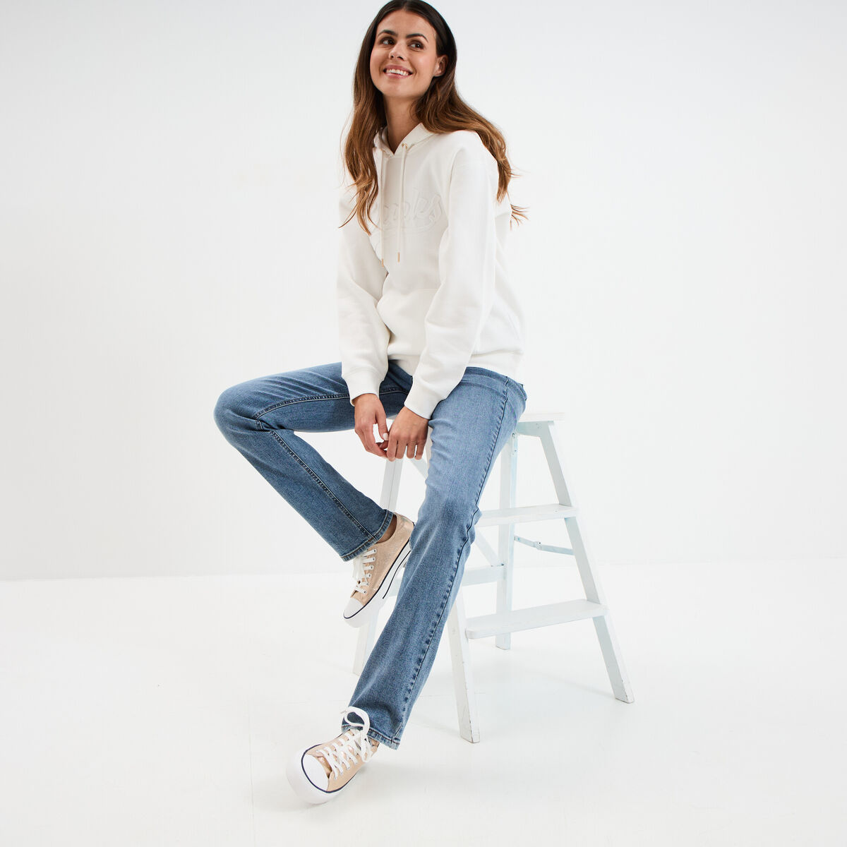 Jean denim droit en coton denim stone femme