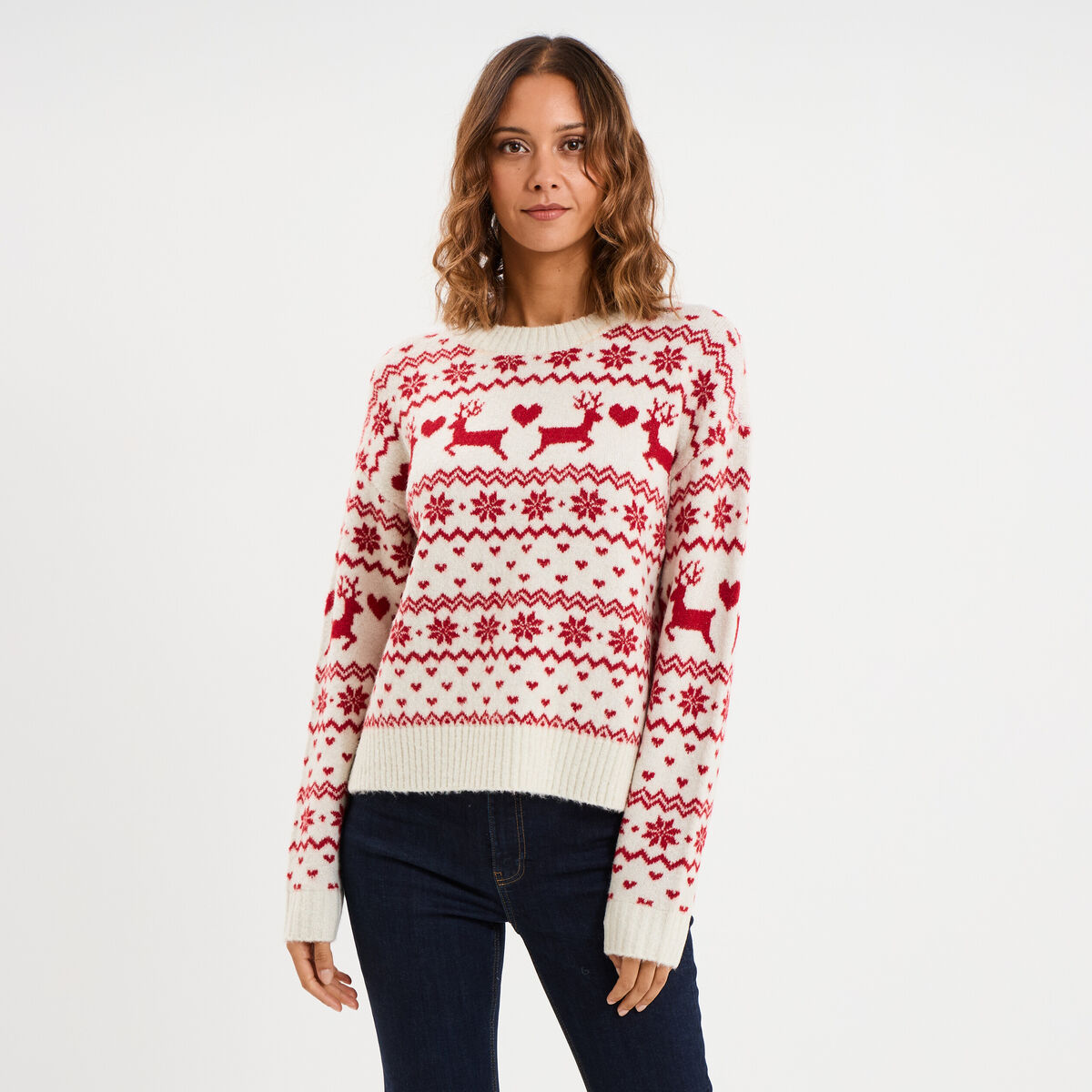 Pull de No&euml;l manches longues ecru femme