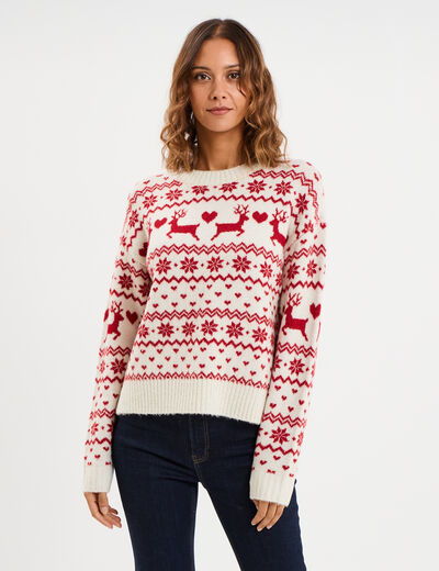 Pull de No&euml;l manches longues ecru femme