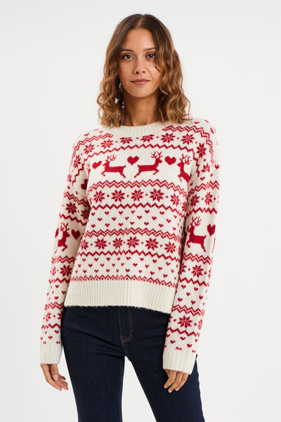 Pull de No&euml;l manches longues ecru femme