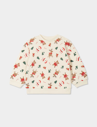 Sweat coton col rond No&euml;l ecru b&eacute;b&eacute; gar&ccedil;on