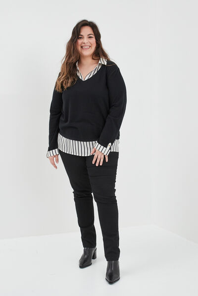 Pull effet 2-en-1 manches longues noir femme grande taille