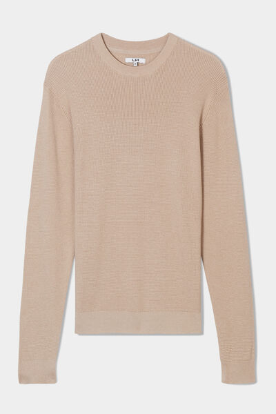 Pull en maille textur&eacute;e col rond beige homme