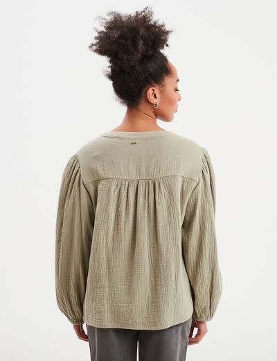 Blouse col tunisien gaze de coton Creeks vert kaki femme
