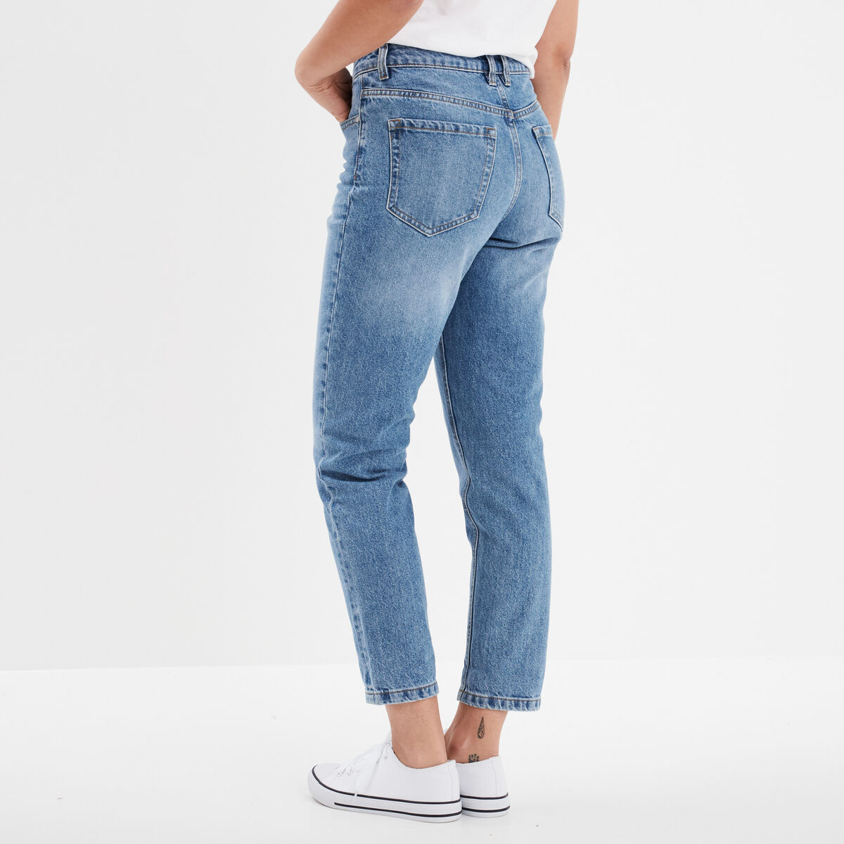Jeans mom 7/8&egrave;me taille haute coton denim double stone femme