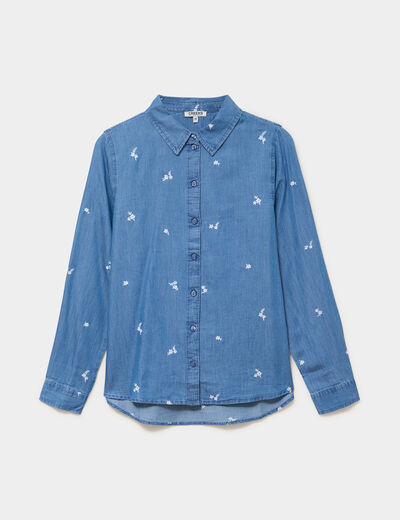 Chemise en jean brod&eacute;e bleu femme