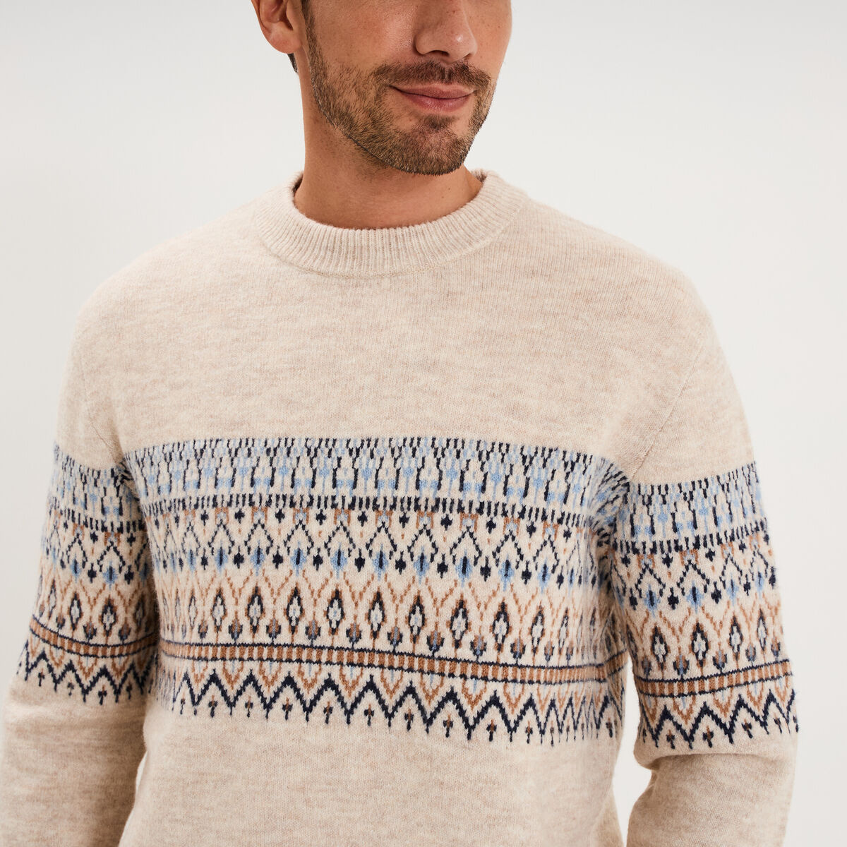 Pull jacquard col rond manches longues ecru homme