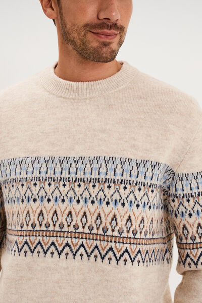 Pull jacquard col rond manches longues ecru homme