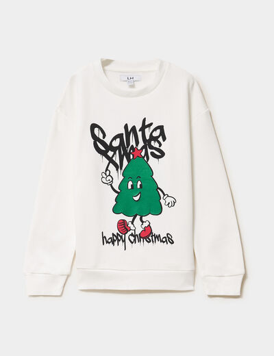 Sweat de No&euml;l col rond oversize blanc gar&ccedil;on