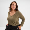 T-shirt col en V manches longues coton vert kaki femme grande taille